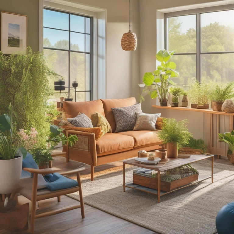 A cozy, sunlit living room featuring energy-efficient windows, indoor plants, a green wall, solar panels on the roof, and a smart thermostat, with natural wood furniture and eco-friendly decor elements.