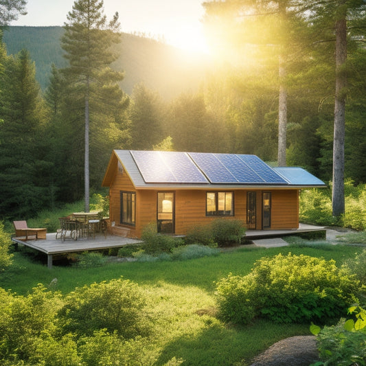 A serene off-grid cabin surrounded by lush greenery, solar panels glistening on the roof, a battery storage unit beside it, and a clear blue sky filled with sunlight illuminating the tranquil setting.