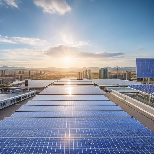 A rooftop of a modern commercial building with a mix of shiny solar panels and skylights, surrounded by cityscape and blue sky with a few puffy white clouds.