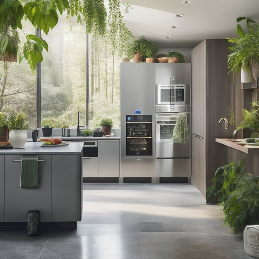 A modern kitchen with sleek, energy-efficient appliances like a smart refrigerator and induction stove, surrounded by lush indoor plants, sunlight streaming through large windows, showcasing a harmonious blend of technology and nature.