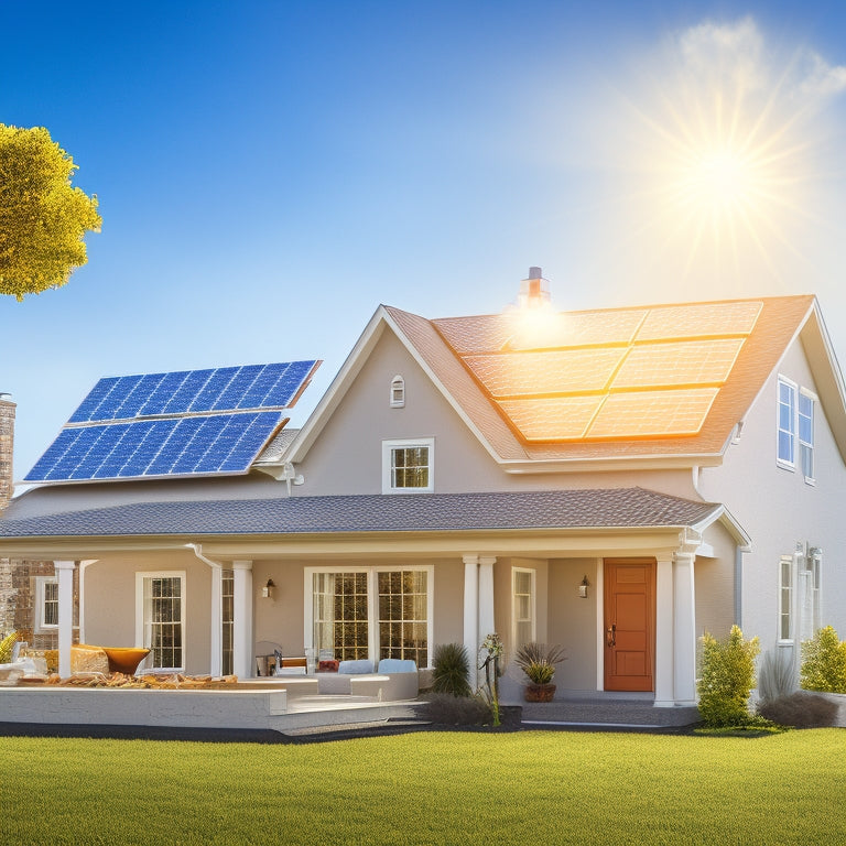 An illustration of a suburban home with solar panels installed, surrounded by icons of money bags, calculators, and construction equipment, set against a sunny blue sky with fluffy white clouds.