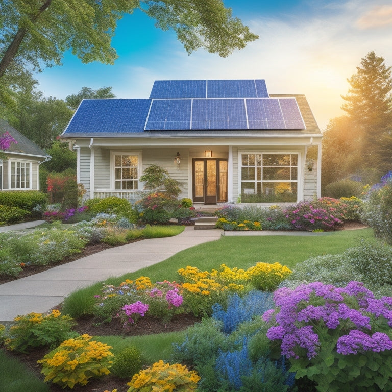A sunlit suburban home with solar panels on the roof, surrounded by lush greenery, vibrant flowers, and a vegetable garden. A happy family enjoys the outdoors, showcasing eco-friendly living and energy savings.