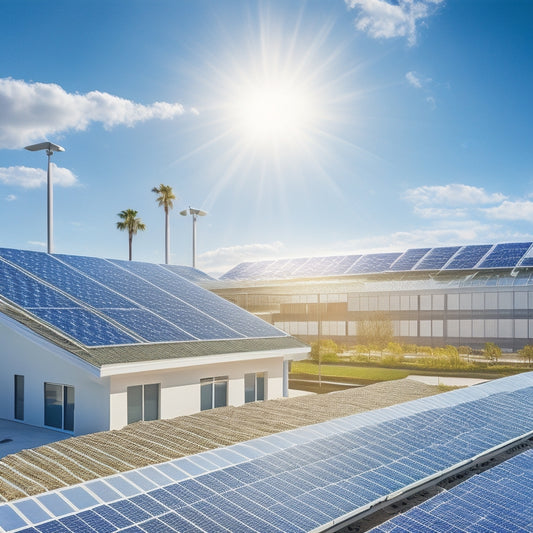 An illustration of a commercial building with solar panels on its rooftop, surrounded by icons of money bags, percentage signs, and rising arrows, set against a bright blue sky with fluffy white clouds.