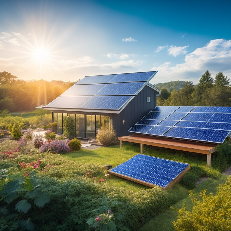 A vibrant solar panel array glistening under a clear blue sky, surrounded by lush greenery, with a modern eco-house featuring large windows, solar water heaters, and a thriving vegetable garden in the foreground.