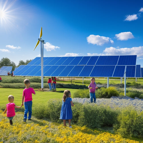 A vibrant community solar farm with colorful solar panels glistening under a bright blue sky, surrounded by diverse families gardening, children playing, and a wind turbine in the background, symbolizing energy independence.