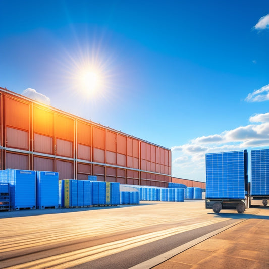 An illustration of a large warehouse with rows of stacked solar panels, a forklift in the background, and a subtle background gradient of blue skies and fluffy white clouds.