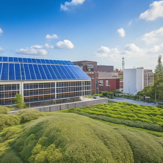 A vibrant green building with solar panels on the roof, wind turbines nearby, lush vertical gardens, and rainwater harvesting systems, all under a bright blue sky with fluffy white clouds, showcasing a sustainable urban landscape.
