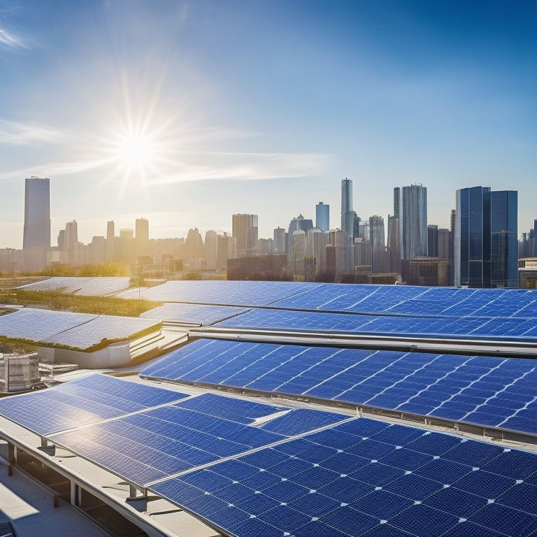 A modern commercial rooftop covered in sleek, high-efficiency solar panels, with a bright blue sky and sun shining, surrounded by a cityscape of energy-efficient buildings and green spaces.