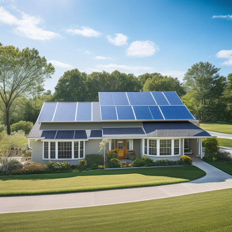 A serene suburban landscape with a mix of sunny and shaded rooftops, featuring a prominent house with solar panels installed at a 30-degree angle, amidst lush green trees and a bright blue sky.