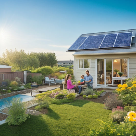 A solar-paneled rooftop glistening in sunlight, surrounded by a vibrant garden, with a wind turbine in the distance; a family enjoys leisure time in a cozy backyard, highlighting the harmony of renewable energy and home life.