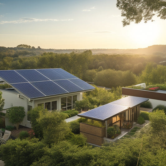 A sun-drenched rooftop adorned with sleek solar panels, surrounded by lush greenery, with a distant view of a suburban neighborhood. Sunlight glimmers off the panels, symbolizing energy savings and sustainability.
