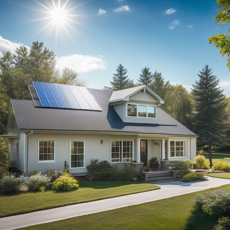 A serene suburban home with sleek solar panels installed on the roof, surrounded by lush greenery and a bright blue sky with a few puffy white clouds, conveying a sense of eco-friendliness.