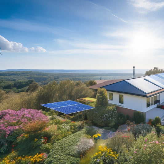 A rooftop adorned with gleaming solar panels under a bright blue sky, surrounded by lush greenery, showcasing a modern home. In the foreground, a garden filled with vibrant flowers and a small wind turbine spins gently.
