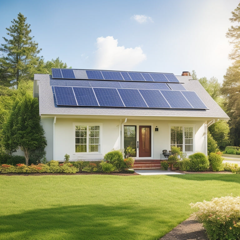 A serene suburban home with a mix of traditional and modern solar panels installed on the roof, surrounded by lush greenery and a clear blue sky with a few white, puffy clouds.