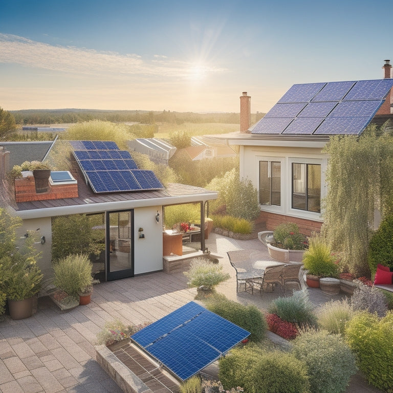 A sun-drenched rooftop adorned with solar panels, a lush garden with energy-efficient LED lights, a wind turbine in the background, and a cozy home featuring energy-saving appliances, all harmoniously blended in a vibrant landscape.