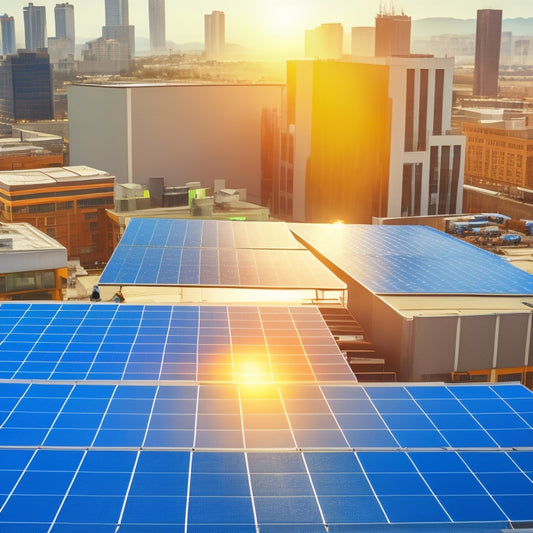 An aerial view of a commercial building rooftop with a partially installed solar panel array, surrounded by roofing materials, tools, and a few workers in helmets and vests, amidst a cityscape.