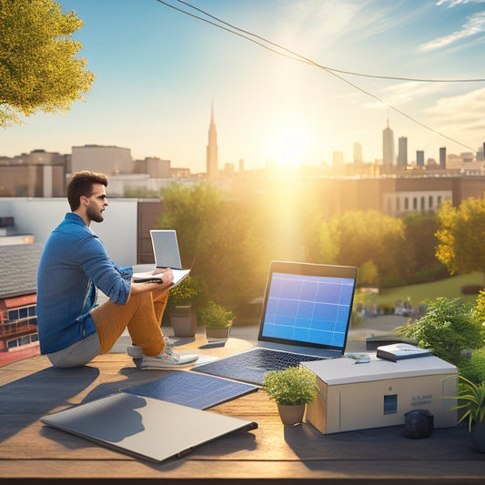 A photorealistic illustration of a person sitting in front of a laptop, surrounded by solar panels and boxes, with a cityscape or a sunny backyard in the background, conveying a sense of online shopping and eco-friendliness.