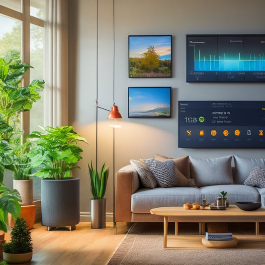 A modern living room showcasing a digital energy management display on a wall, with smart devices like a thermostat and light controls, surrounded by plants and natural light, emphasizing energy efficiency and smart home technology.