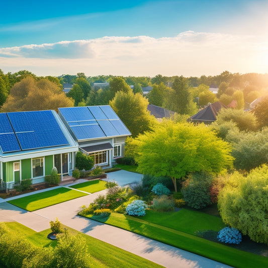 A serene suburban neighborhood with sleek, black solar panels installed on rooftops, amidst lush green trees and a bright blue sky with a few wispy clouds, conveying eco-friendliness and sustainability.