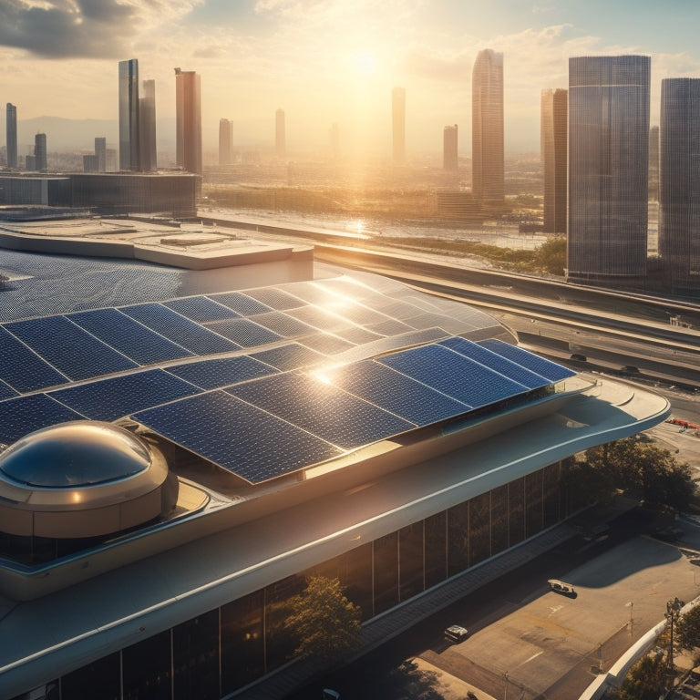 A futuristic cityscape with a large commercial building in the center, its roof covered in sleek, shiny solar panels, surrounded by a subtle glow, with a subtle background of a sunny day with few clouds.