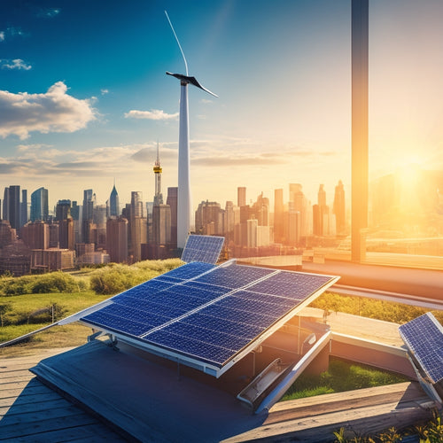 An illustration of a solar panel installation site with a cityscape in the background, featuring a large panel with a price tag attached, surrounded by icons of a house, sunlight, and a globe, with arrows connecting them.