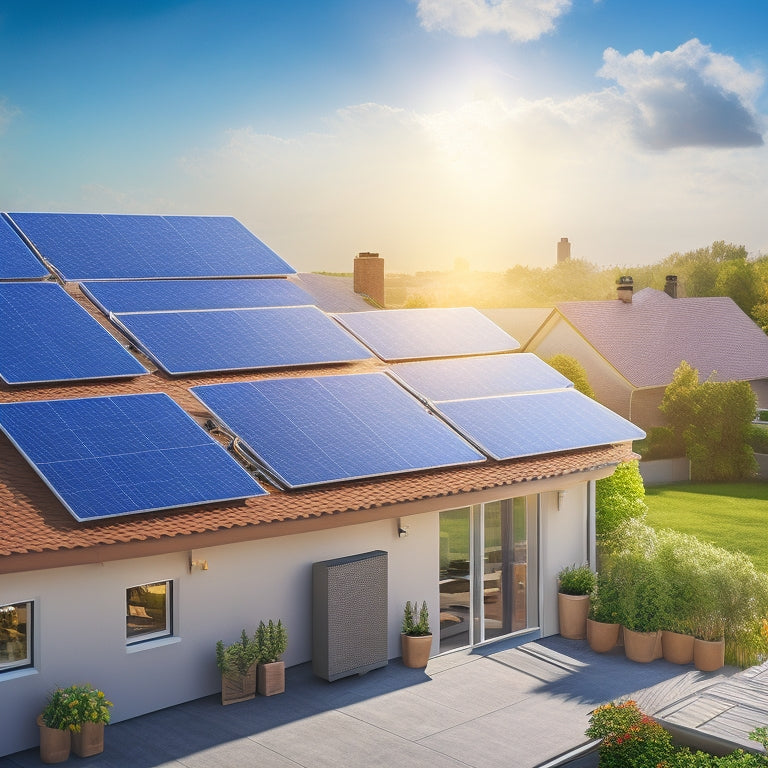 An illustration of a residential rooftop with a partially installed solar panel array, surrounded by installation tools and equipment, with a subtle background of a sunny sky and fluffy white clouds.