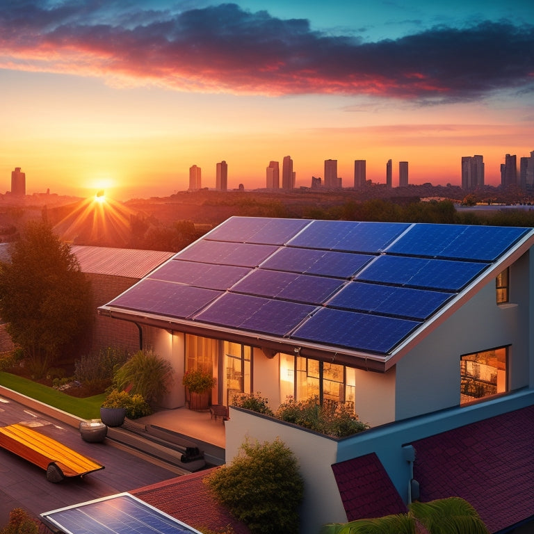 An illustration of a residential rooftop with solar panels, a clipboard with a calculator and papers, and a subtle background of a cityscape or suburban neighborhood at sunset.