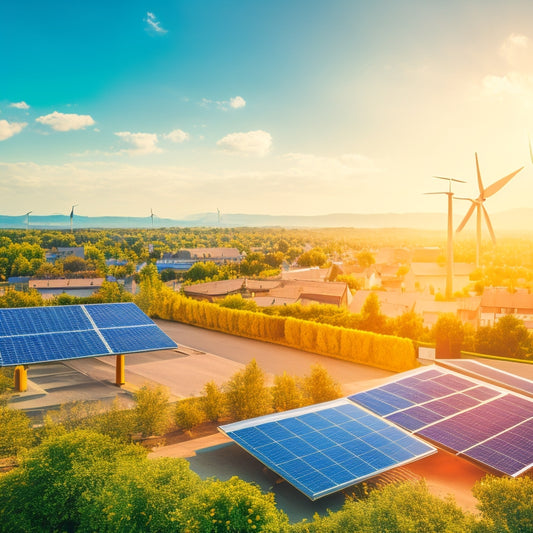 A bright, sunny background with a small cityscape featuring several small businesses, each with solar panels installed on their rooftops, surrounded by lush greenery and a few wind turbines in the distance.