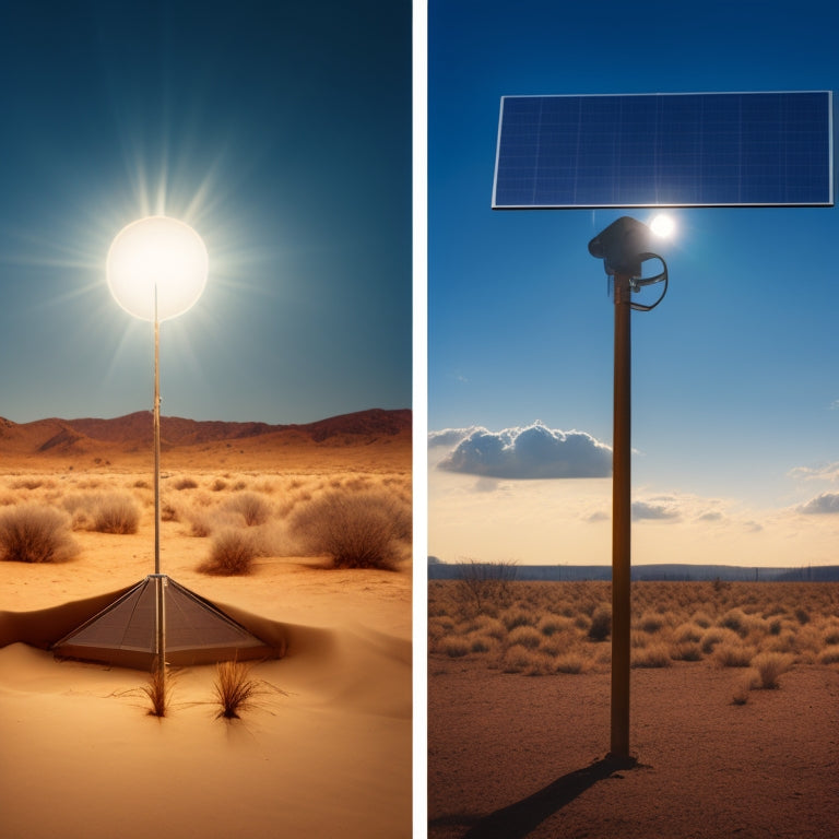 A split-screen image: a dirty, dust-covered solar panel with a dim, faded light bulb above, versus a clean, sparkling panel with a bright, radiant light bulb above, set against a blue sky with fluffy white clouds.