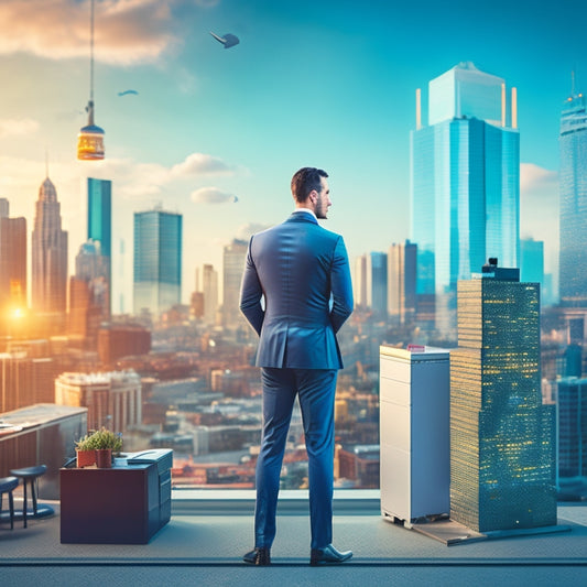 An illustration of a small business owner standing in front of a cityscape, surrounded by various office spaces and buildings with "For Lease" signs, with a thought bubble filled with miniature icons of buildings, desks, and laptops.