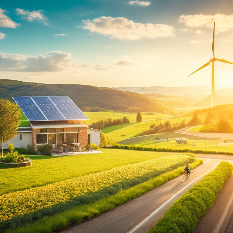 A vibrant landscape featuring solar panels on rooftops, wind turbines on rolling hills, and lush greenery; people biking and gardening, with a clear blue sky and a bright sun, symbolizing a sustainable future.