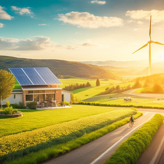 A vibrant landscape featuring solar panels on rooftops, wind turbines on rolling hills, and lush greenery; people biking and gardening, with a clear blue sky and a bright sun, symbolizing a sustainable future.