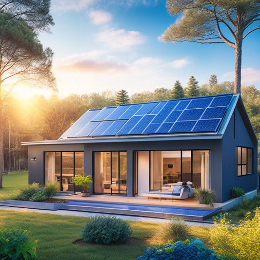 A serene, modern home with solar panels on the roof, surrounded by lush greenery and a bright blue sky, with a subtle glow of electricity flowing through the windows.
