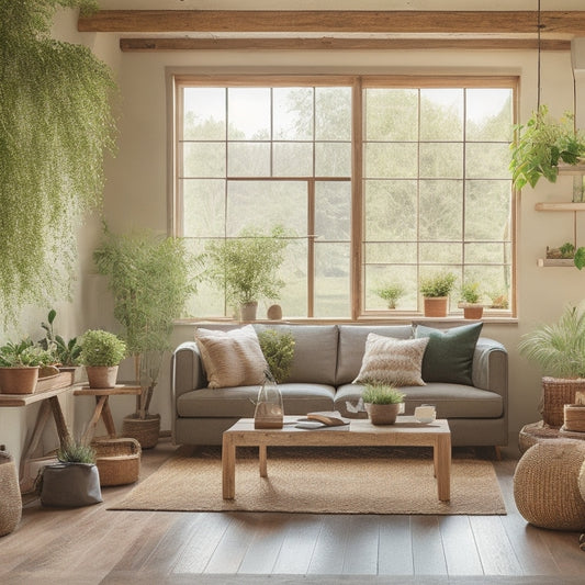 A cozy living room with recycled wood beams, bamboo furniture, solar panels visible through a window, green plants in natural light, and eco-friendly decor, showcasing sustainable materials and a harmonious, inviting atmosphere.
