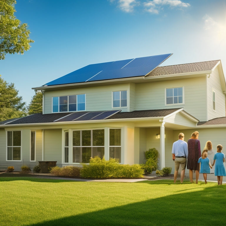 A modern suburban home with solar panels on the roof, sunlight reflecting off the panels, a clear blue sky, green lawn, and a family looking at an electricity bill with expressions of joy and relief.