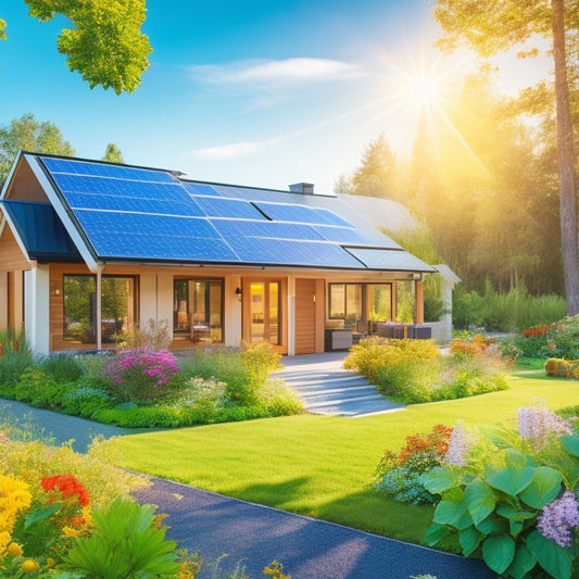 A sunlit eco-friendly home surrounded by lush greenery, featuring sleek, affordable solar panels on the roof. Birds in flight and vibrant flowers enhance the serene, sustainable atmosphere. A clear blue sky completes the scene.