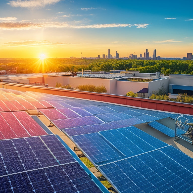 A vivid, sunny landscape with multiple commercial rooftops, each featuring a unique solar panel mounting system, showcasing diverse designs, angles, and installations.