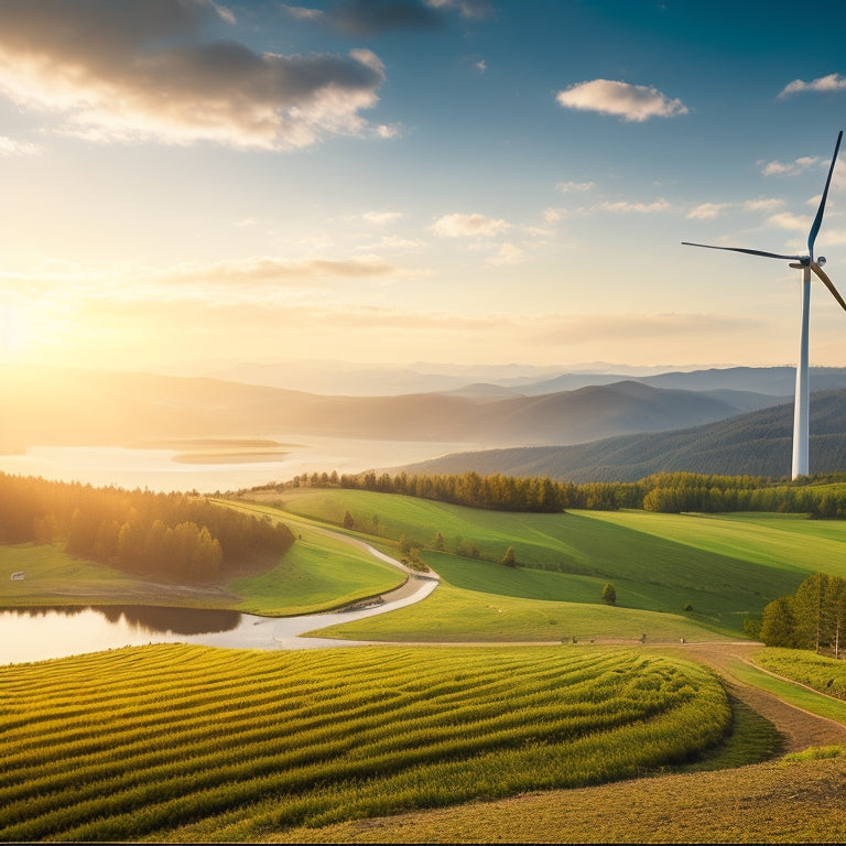 A vibrant landscape featuring solar panels glinting in the sun, wind turbines gracefully spinning on rolling hills, and lush greenery surrounding a serene lake, symbolizing harmony between nature and renewable energy sources.