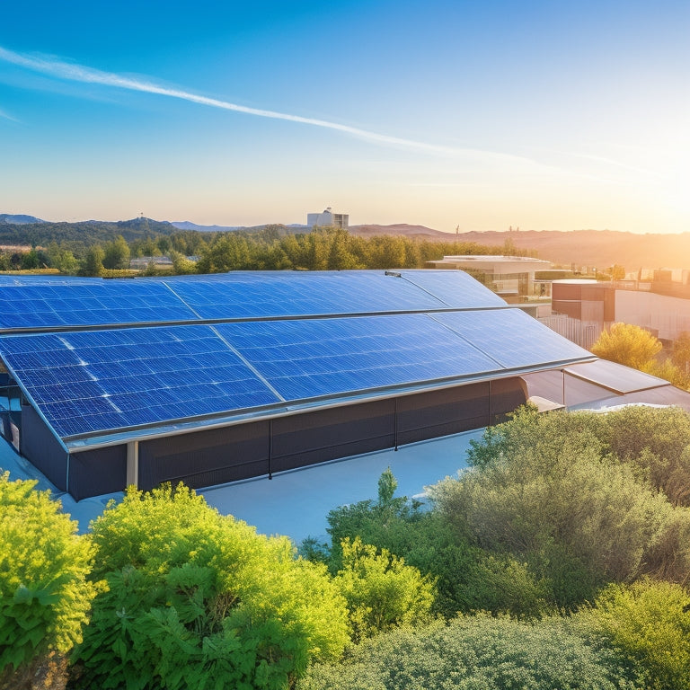 A sunlit rooftop adorned with sleek solar panels, connected to a modern battery storage system. Vibrant greenery surrounds the scene, while a soft blue sky enhances the harmony of renewable energy and nature.