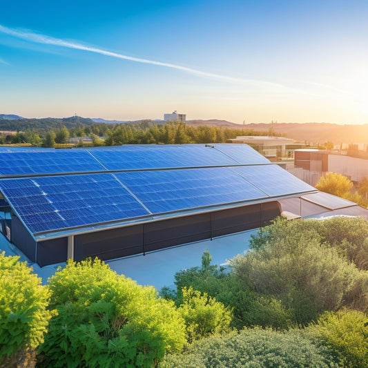 A sunlit rooftop adorned with sleek solar panels, connected to a modern battery storage system. Vibrant greenery surrounds the scene, while a soft blue sky enhances the harmony of renewable energy and nature.
