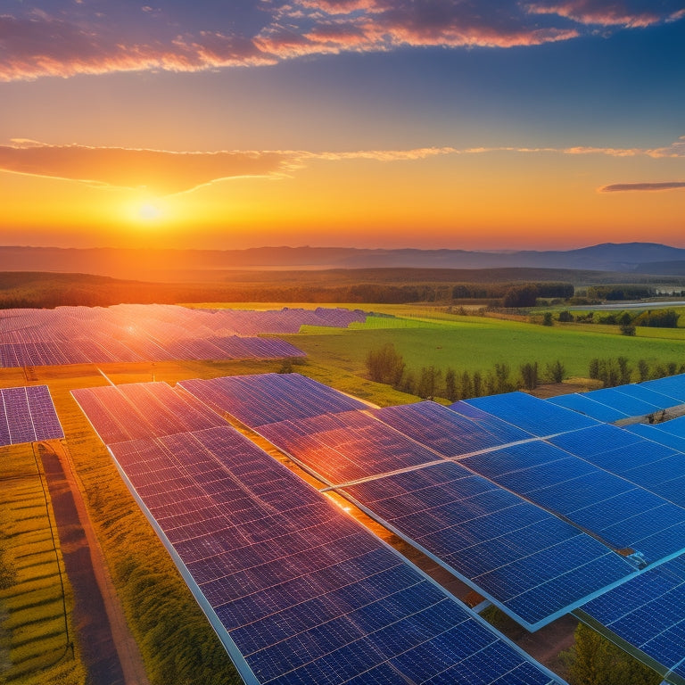 A high-tech solar farm with sleek solar panels, digital graphs, and charts floating above, showcasing real-time data. Drones and satellites monitoring from above, with a vibrant sunset in the background.