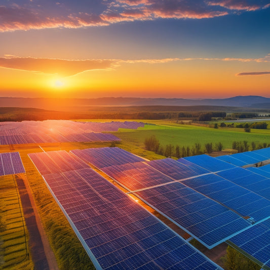 A high-tech solar farm with sleek solar panels, digital graphs, and charts floating above, showcasing real-time data. Drones and satellites monitoring from above, with a vibrant sunset in the background.