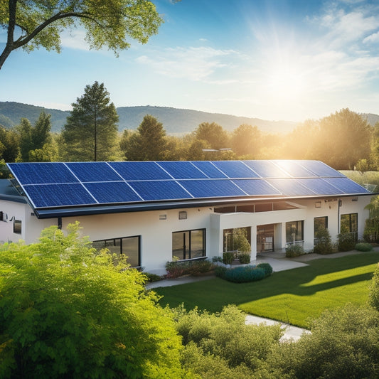 A serene residential landscape with a modern solar panel array installed on a rooftop, surrounded by lush greenery and a bright blue sky with a few white, puffy clouds.