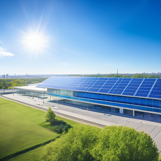 Showcase a modern office building rooftop with sleek, high-efficiency solar panels under a bright blue sky, capturing the reflection of the sun, with green trees and a bustling cityscape in the background.