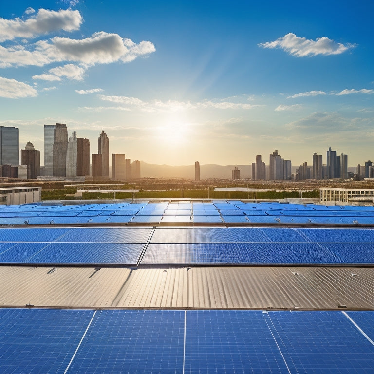 A photorealistic image of a large commercial rooftop covered in rows of sleek, silver solar panels, with a cityscape or industrial landscape in the background, under a bright blue sky.