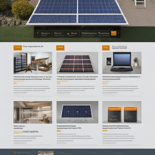 A detailed illustration of a well-organized online shopping page showcasing various solar panel kits, with high-quality images of panels, inverters, batteries, and installation tools, all set against a clean, user-friendly interface.