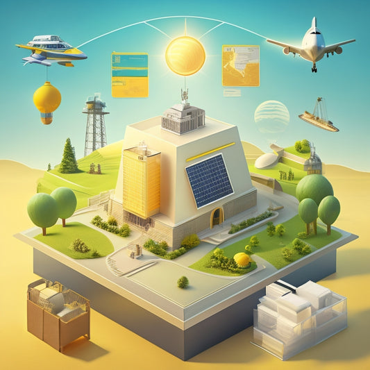 A futuristic illustration of a sunny landscape with 10 ascending steps, each featuring a distinct icon: a briefcase, a lightbulb, a map, a contract, a team, a factory, a solar panel, a house, a money bag, and a rising graph.