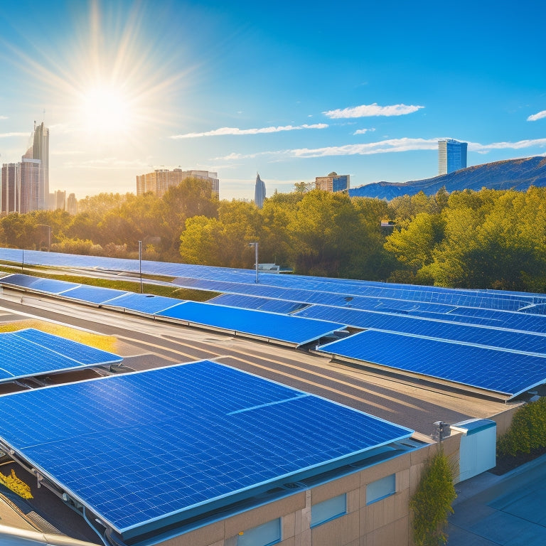 A rooftop array of sleek, modern solar panels glistening under a clear blue sky, surrounded by diverse commercial buildings and green landscaping, showcasing a sustainable and energy-efficient urban environment.