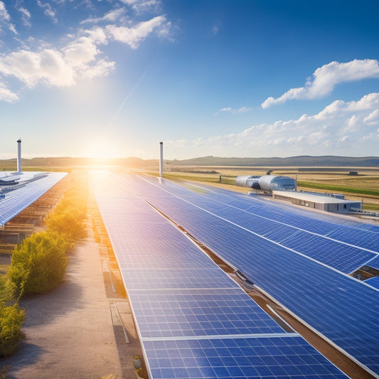 An illustration of a modern factory with solar panels on its rooftop, surrounded by a bright blue sky with fluffy white clouds, with machines and conveyor belts humming with green energy.