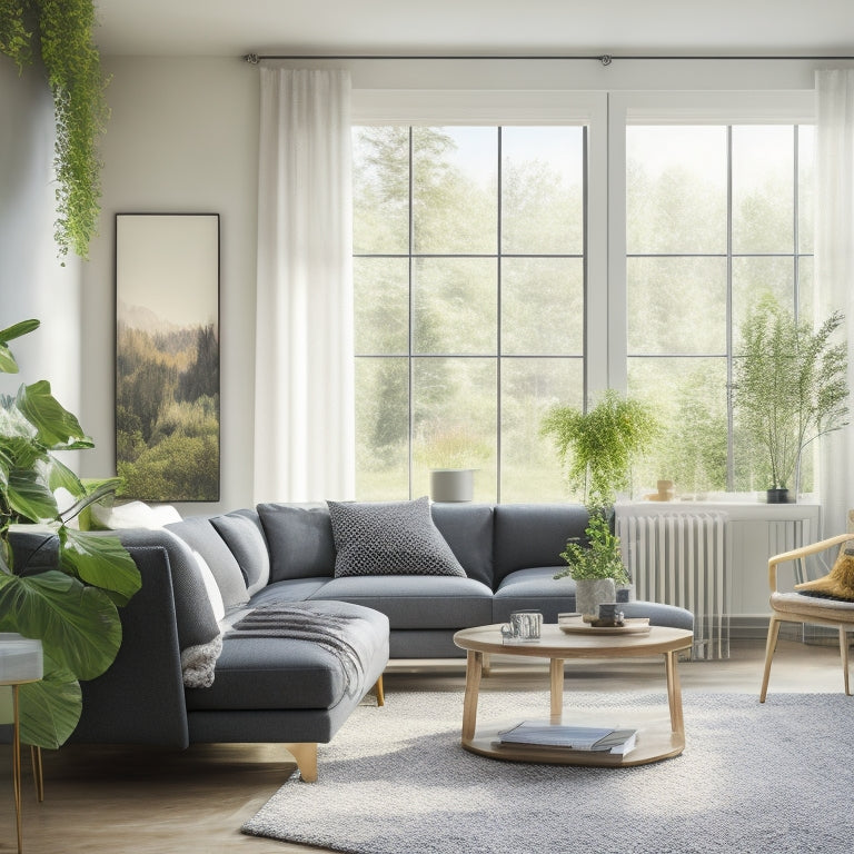 A cozy living room featuring sleek, modern energy-efficient heating and cooling appliances. Sunlight streams through large windows, highlighting a smart thermostat, a stylish air purifier, and a minimalist radiator, all surrounded by greenery.